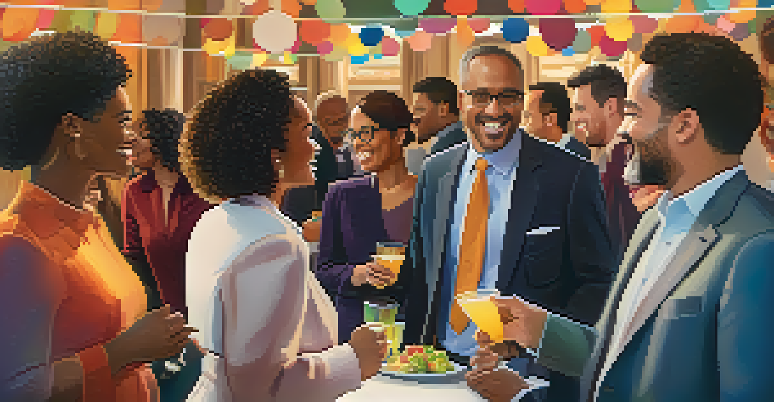 A diverse group of people networking at an event, with colorful decorations and refreshments.