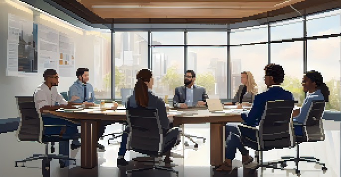 A diverse group of employees discussing a job offer in a bright conference room.