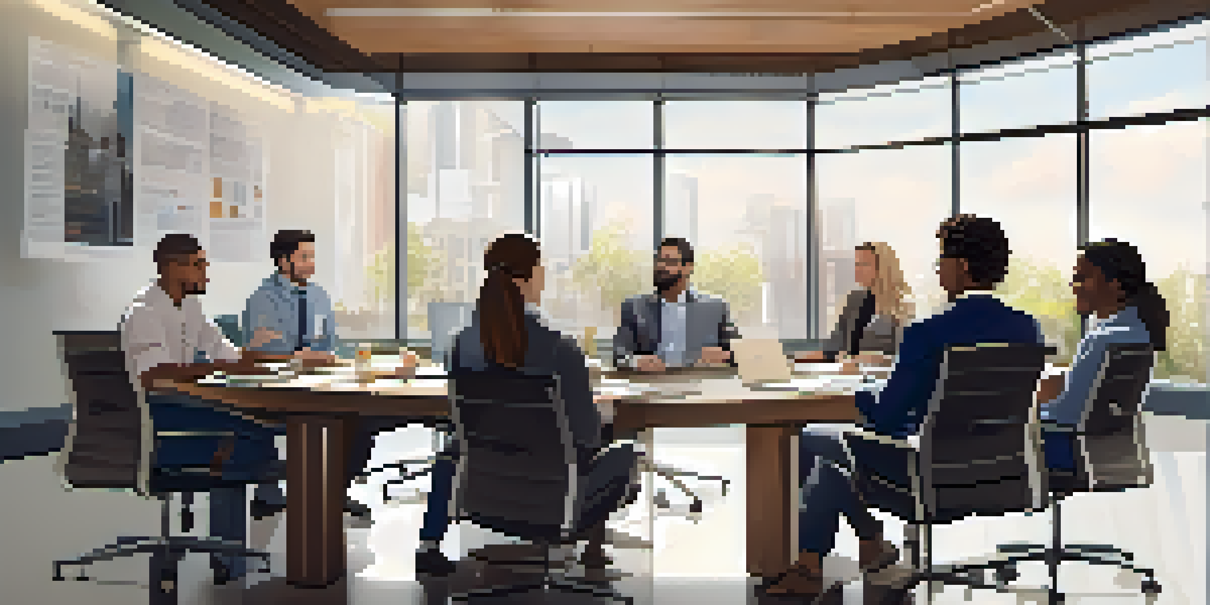 A diverse group of employees discussing a job offer in a bright conference room.