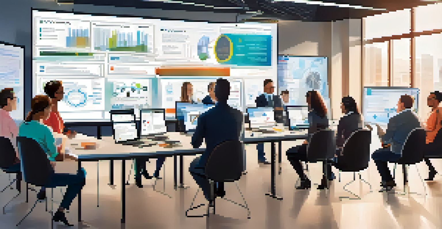 A diverse group of professionals engaged in a cybersecurity workshop, discussing around a table with digital screens and a whiteboard filled with diagrams, in a bright room.