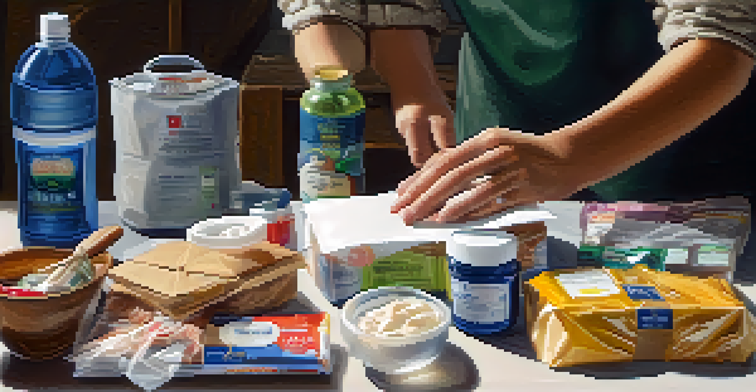 Close-up of a volunteer's hands creating care packages, surrounded by food and clothing items on a table.