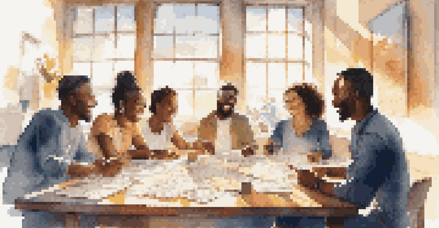 A group of diverse colleagues collaborating enthusiastically at a table in a bright office environment.