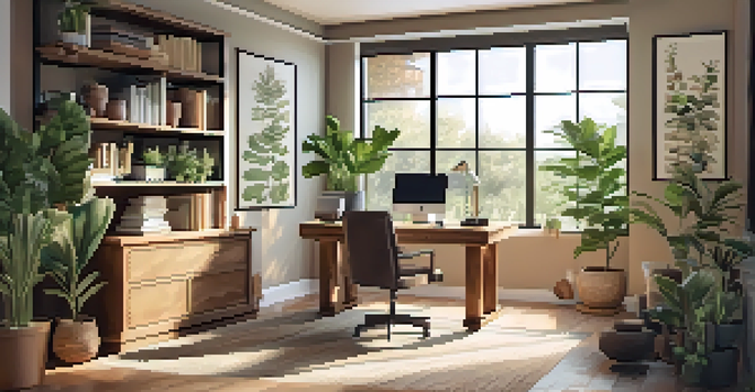 An organized home office with a wooden desk, laptop, coffee cup, and indoor plants, illuminated by natural light from a window.