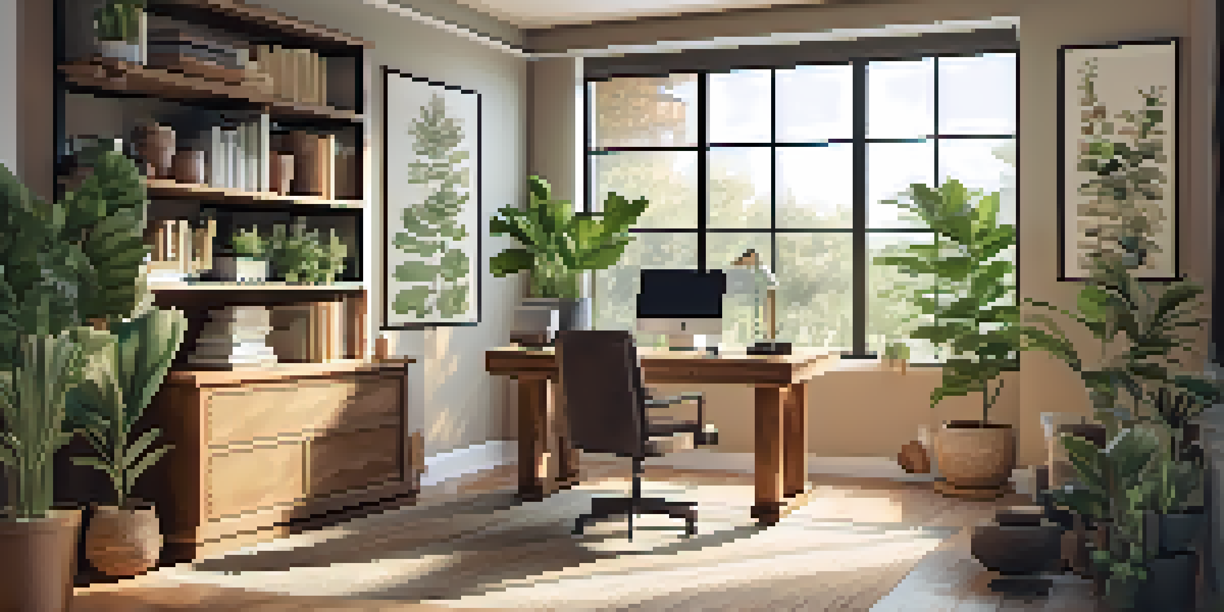 An organized home office with a wooden desk, laptop, coffee cup, and indoor plants, illuminated by natural light from a window.