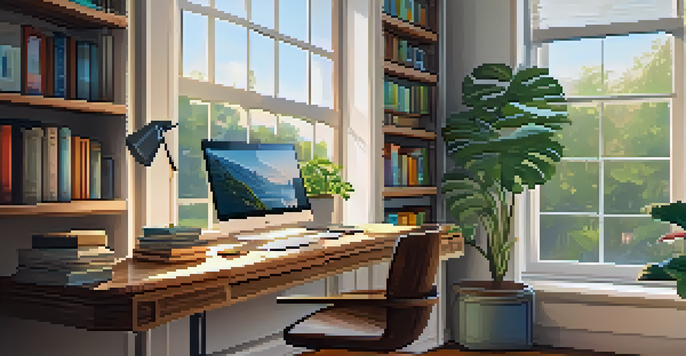 A cozy home office with a wooden desk, laptop, potted plant, and a view of greenery through a window.