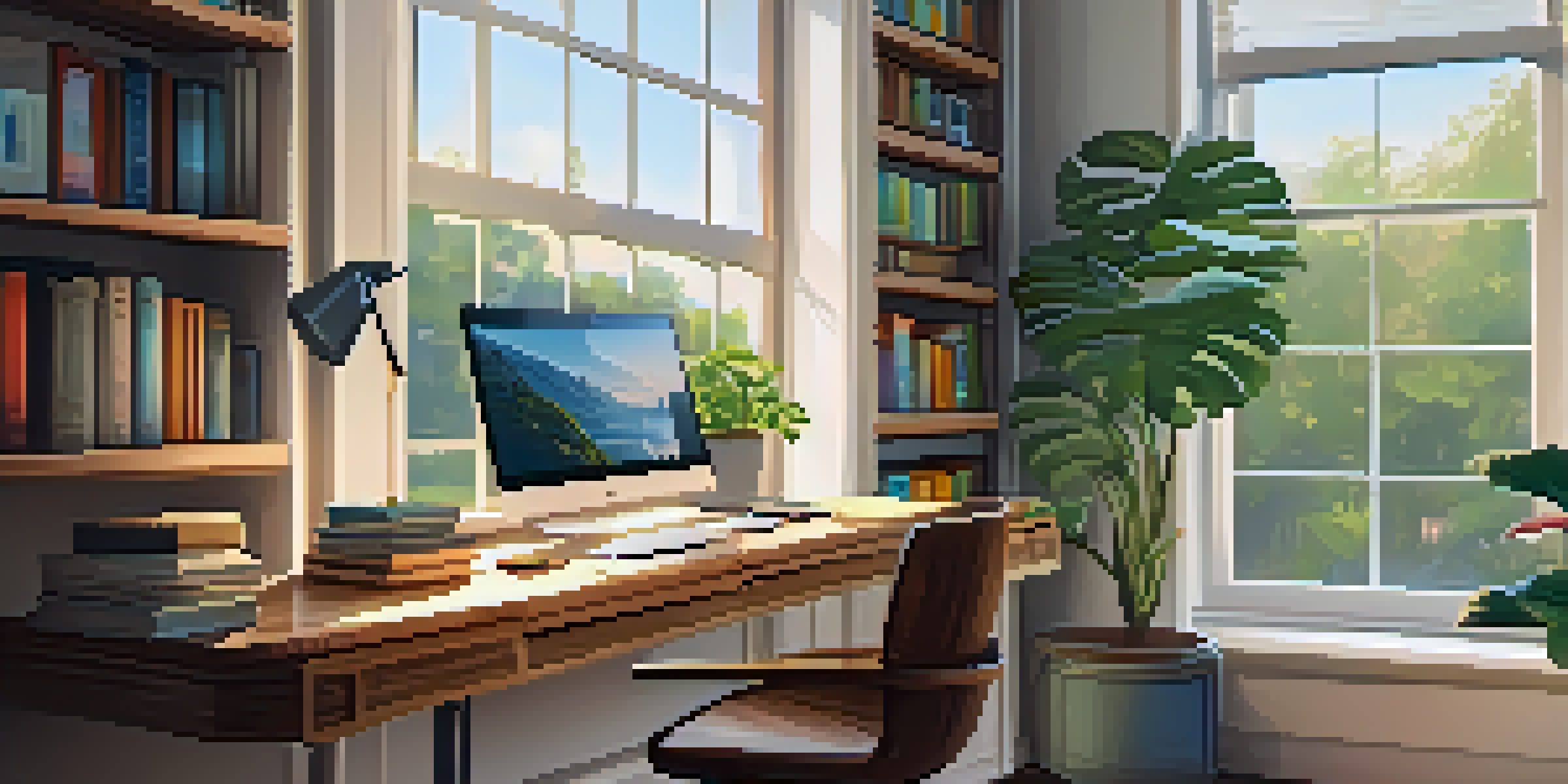 A cozy home office with a wooden desk, laptop, potted plant, and a view of greenery through a window.