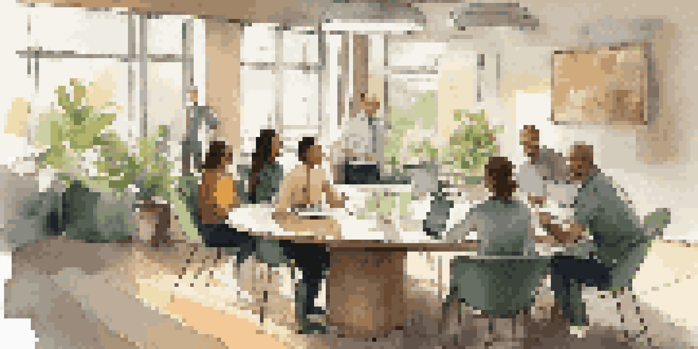 A diverse group of colleagues in a professional office setting discussing feedback around a round table, with natural light illuminating the scene.