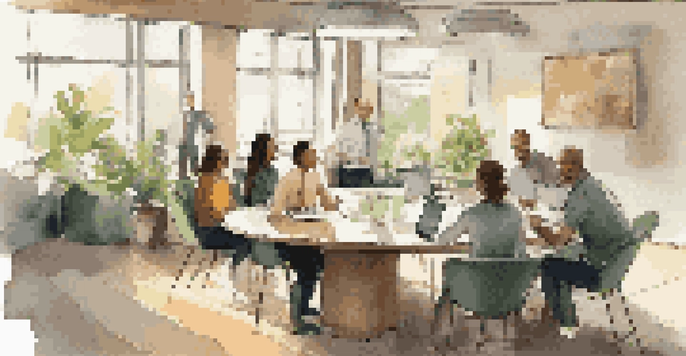 A diverse group of colleagues in a professional office setting discussing feedback around a round table, with natural light illuminating the scene.