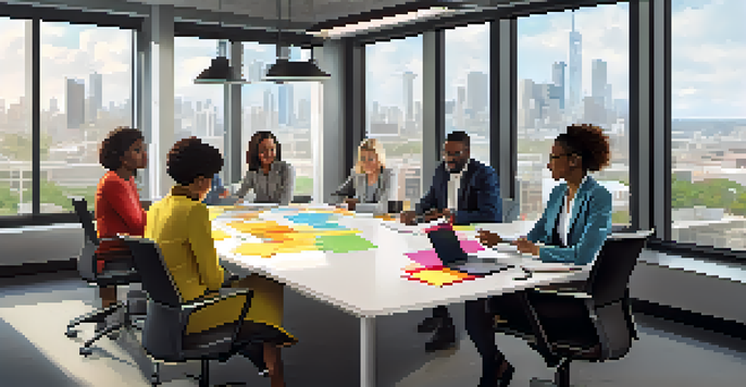 A diverse team of professionals collaborating around a conference table with a city view in the background.