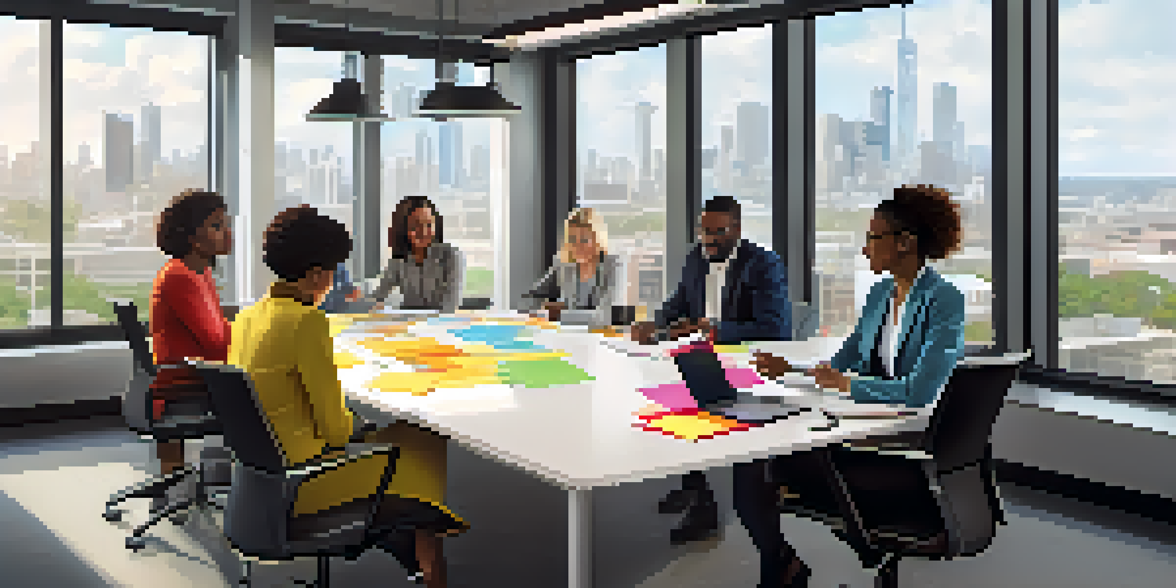 A diverse team of professionals collaborating around a conference table with a city view in the background.