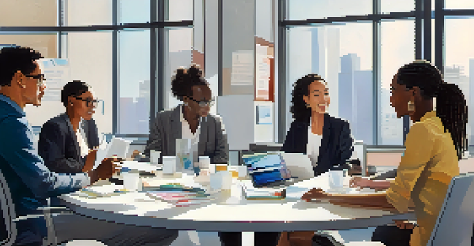 A diverse group of professionals engaged in a lively discussion in a bright office, showcasing collaboration and inclusivity.