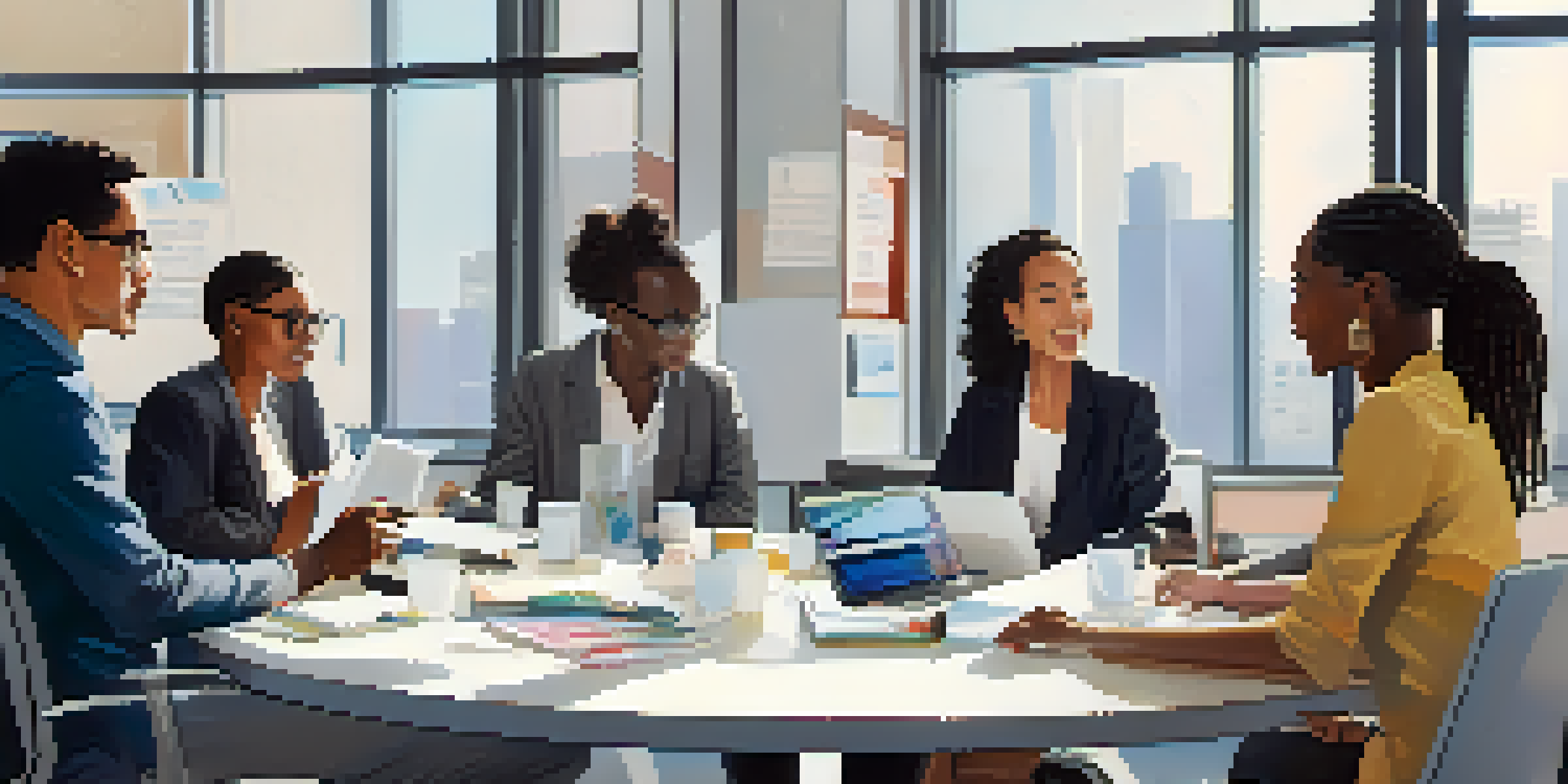 A diverse group of professionals engaged in a lively discussion in a bright office, showcasing collaboration and inclusivity.