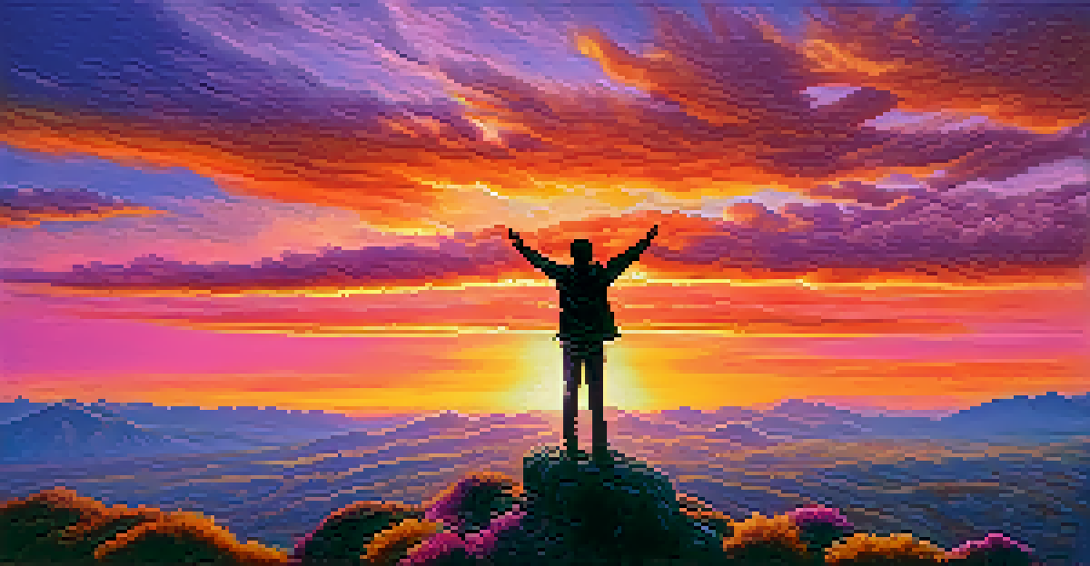 A silhouette of a person with arms raised on a hilltop during a colorful sunset, representing success and growth.