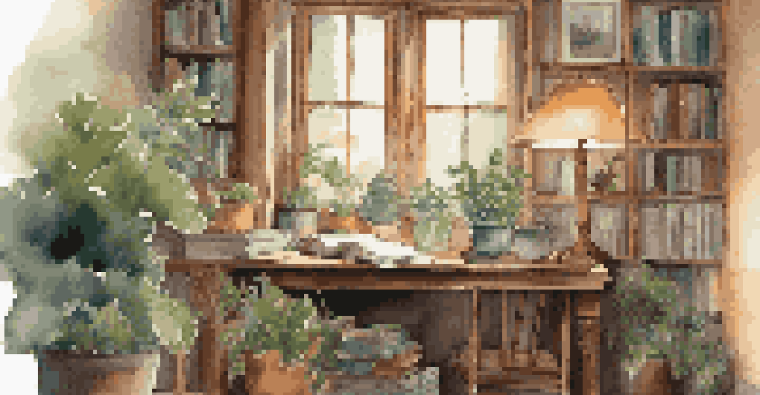 A person journaling at a wooden desk in a cozy room with soft lighting and plants, reflecting on their thoughts.