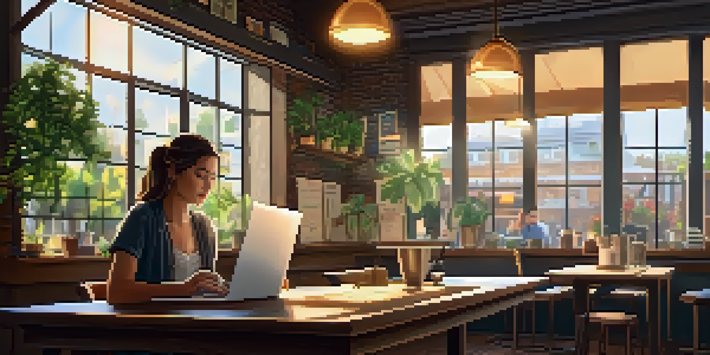 A freelancer working on a laptop at a cozy coffee shop with warm lighting and a cup of coffee beside them.