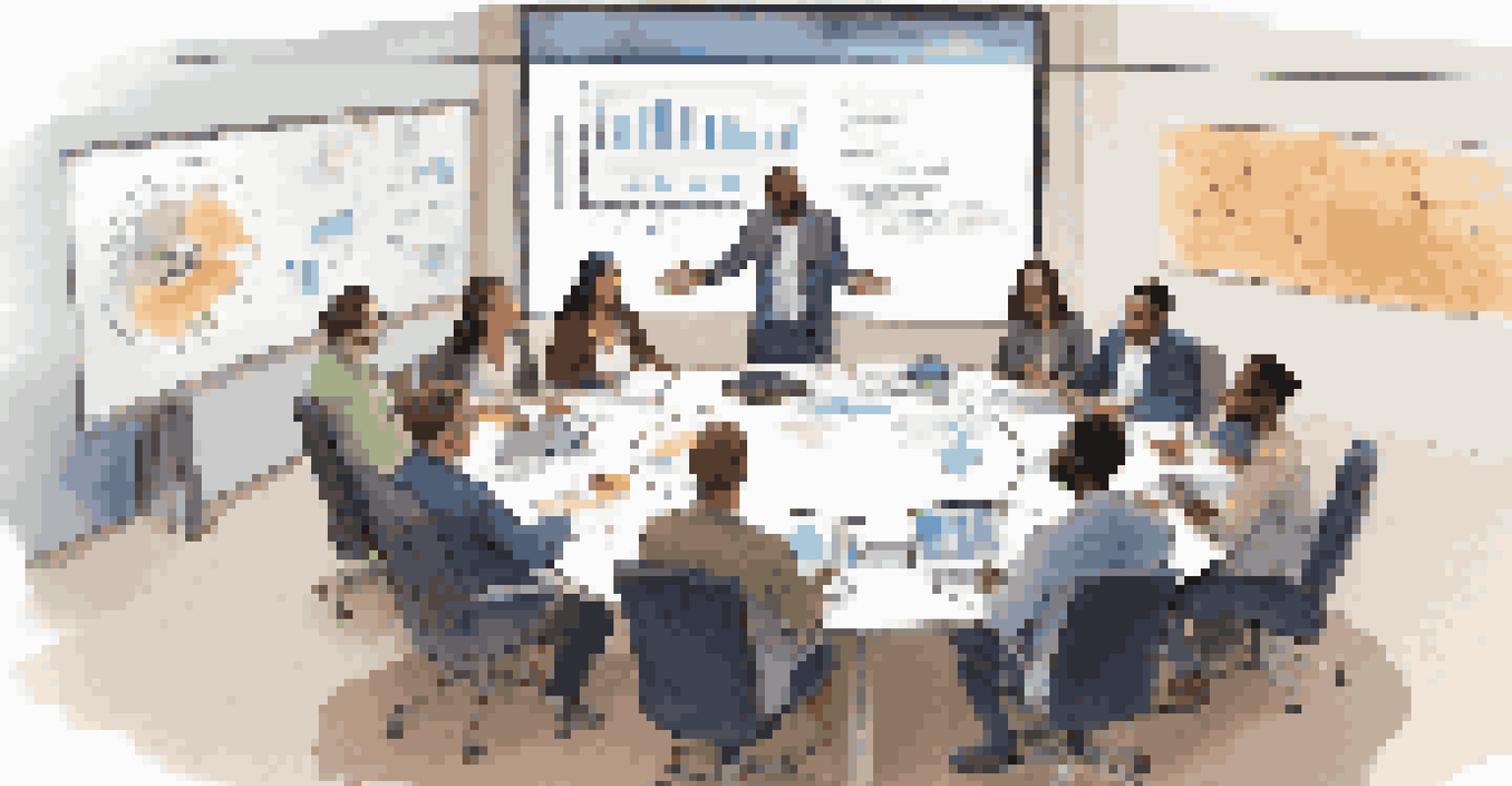 A diverse team meeting in a conference room, discussing strategies with data displayed on a large screen.