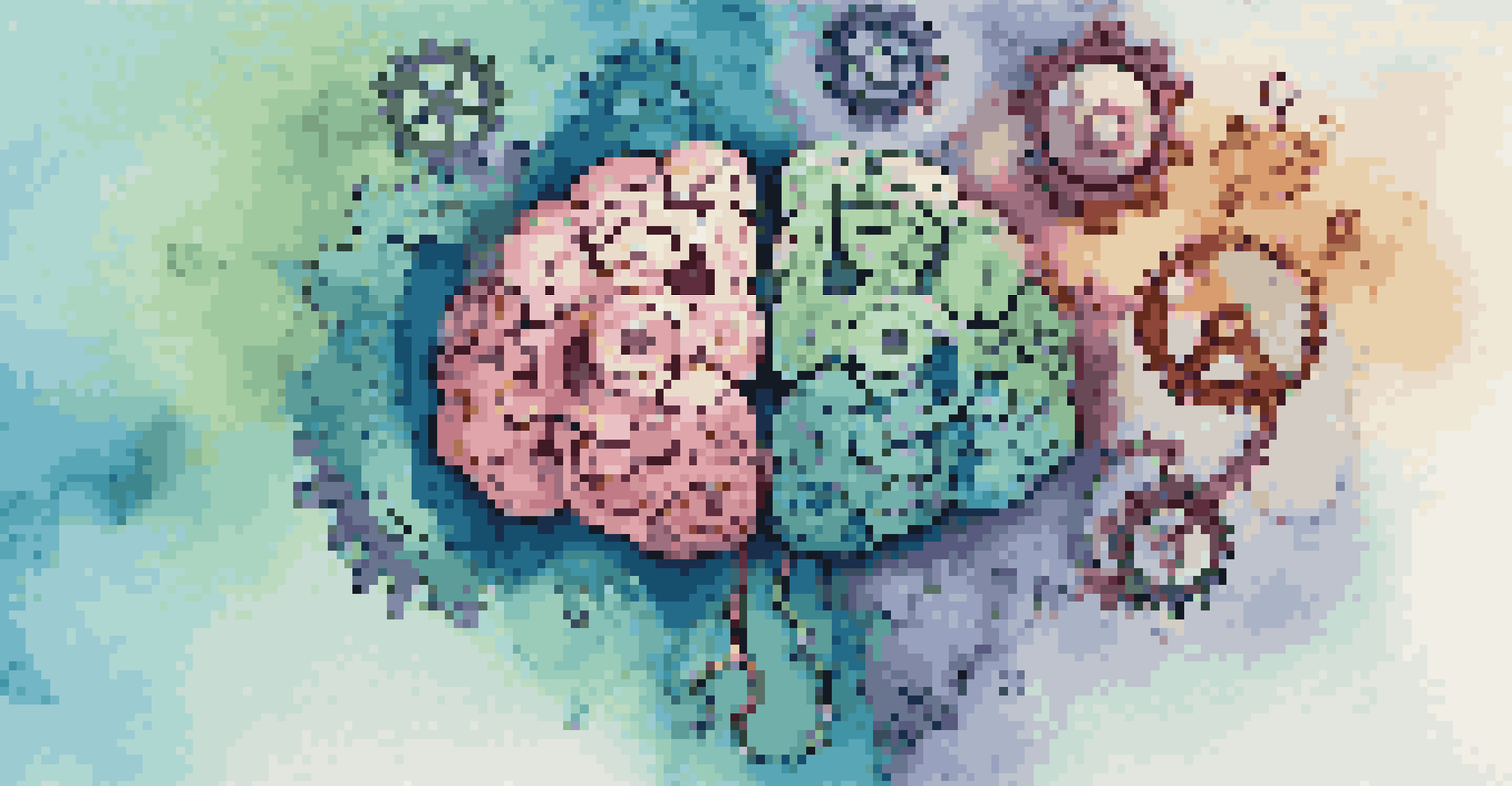 An illustrated brain with colorful gears and hearts, symbolizing emotional intelligence against a calming blue-green gradient background.