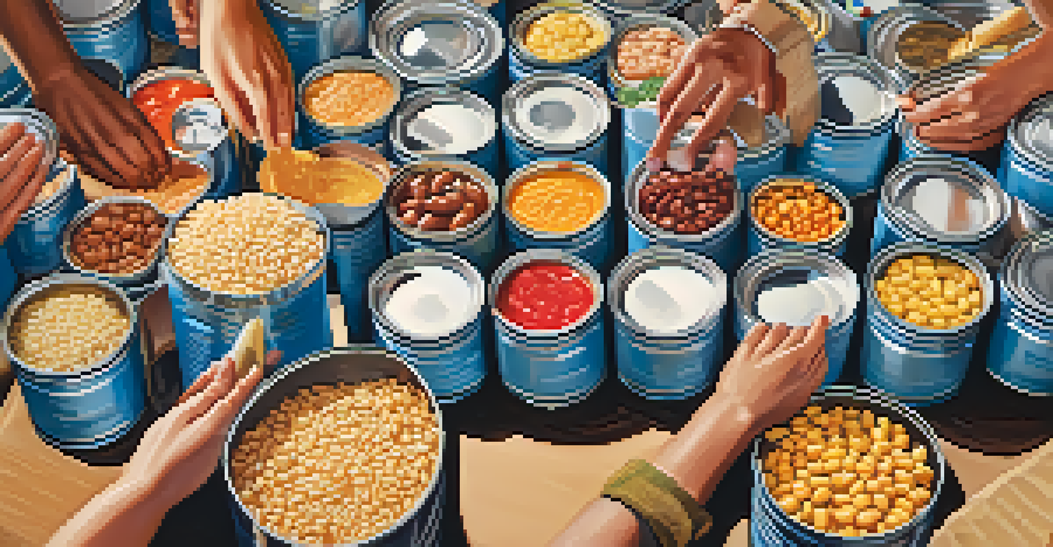 Hands of diverse volunteers sorting and packaging food donations at a food drive, highlighting teamwork and generosity.