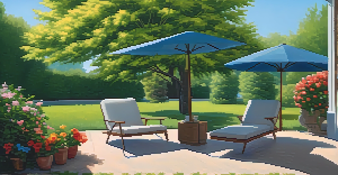 An outdoor workspace with a laptop and coffee cup, surrounded by a garden and blue sky.