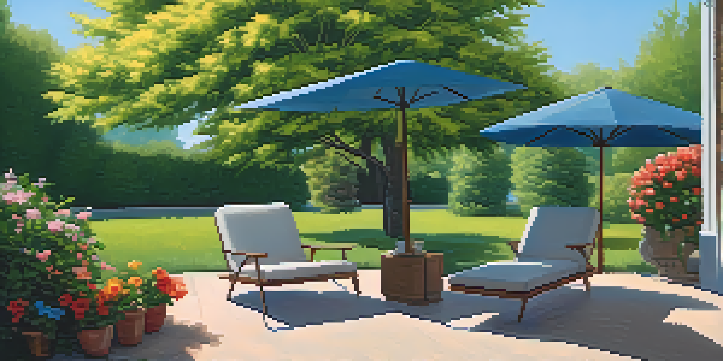 An outdoor workspace with a laptop and coffee cup, surrounded by a garden and blue sky.