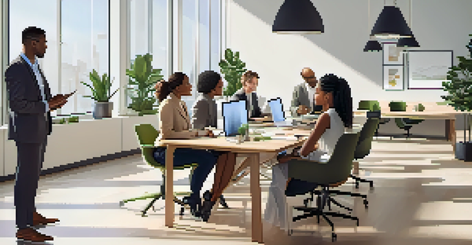 A diverse group of professionals collaborating in an office, featuring individuals of various ethnic backgrounds and genders around a table with laptops and notepads.