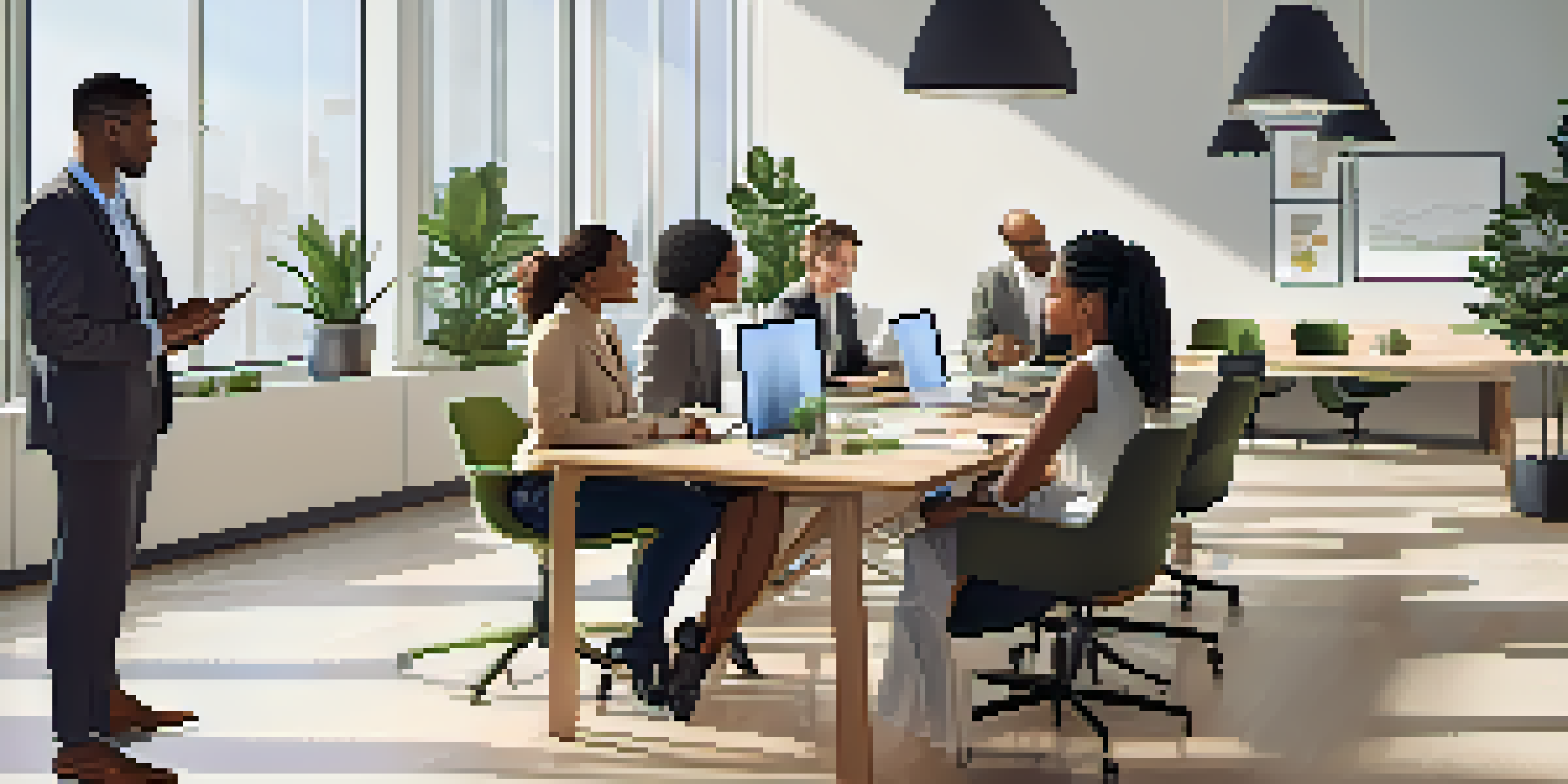 A diverse group of professionals collaborating in an office, featuring individuals of various ethnic backgrounds and genders around a table with laptops and notepads.