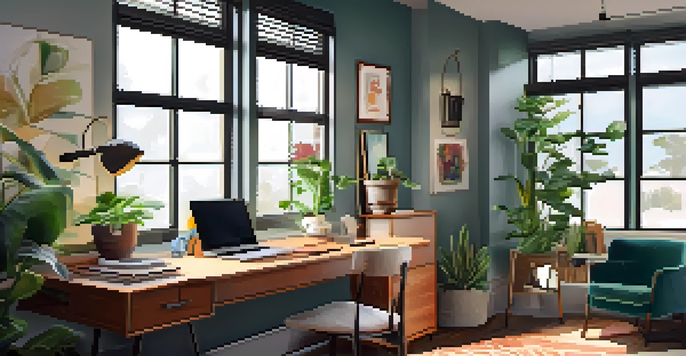 A bright and inviting home office setup with a desk, chair, plants, and decorative artwork, showcasing a warm and productive environment.