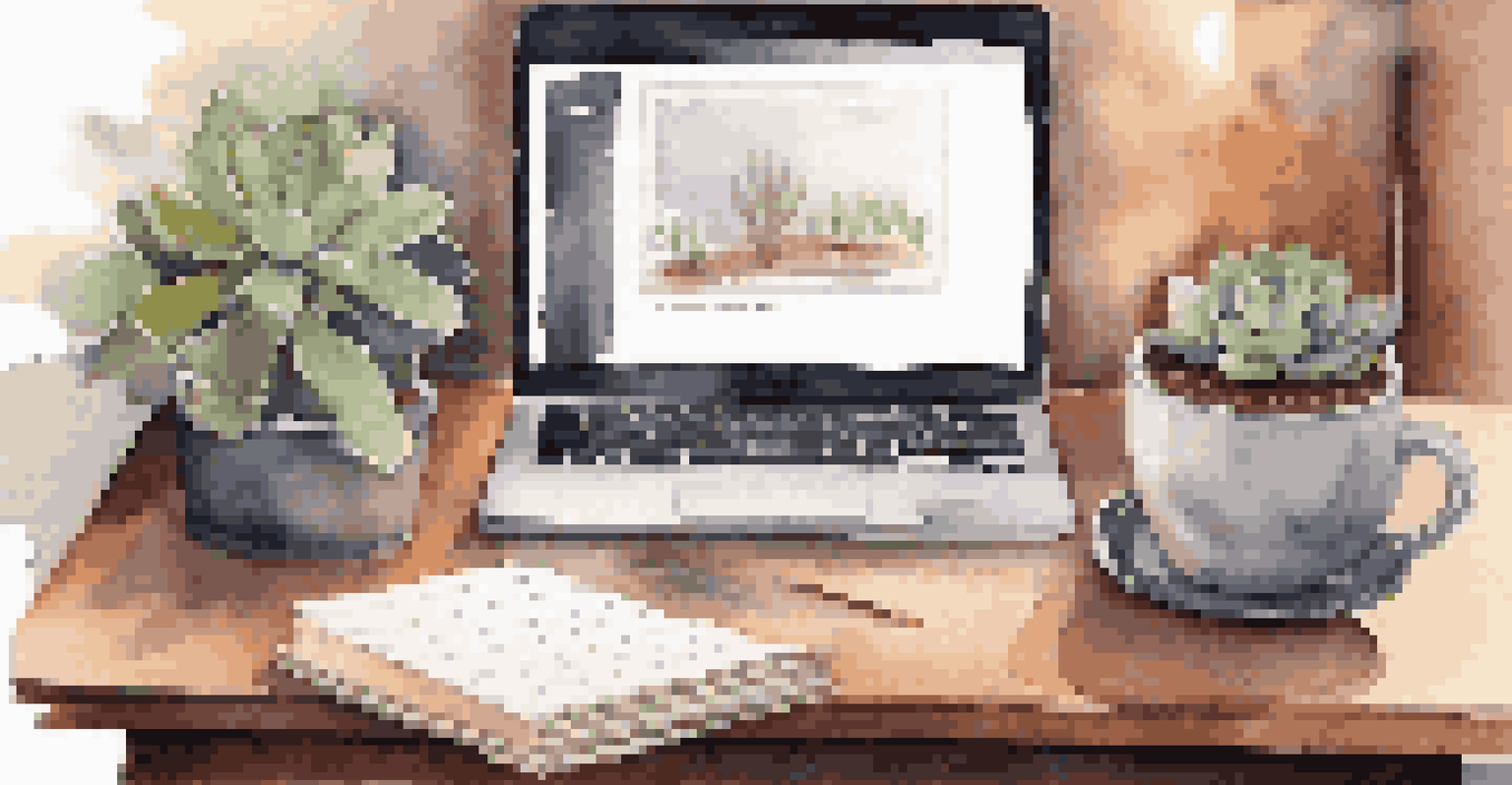 A cozy workspace with a wooden desk, an open laptop, handwritten notes, a cup of coffee, and a small succulent in soft lighting.