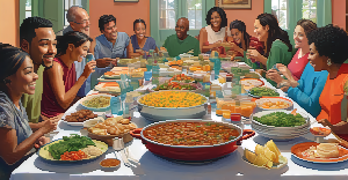 A lively potluck dinner with a diverse group of people sharing food and conversation around a long table.