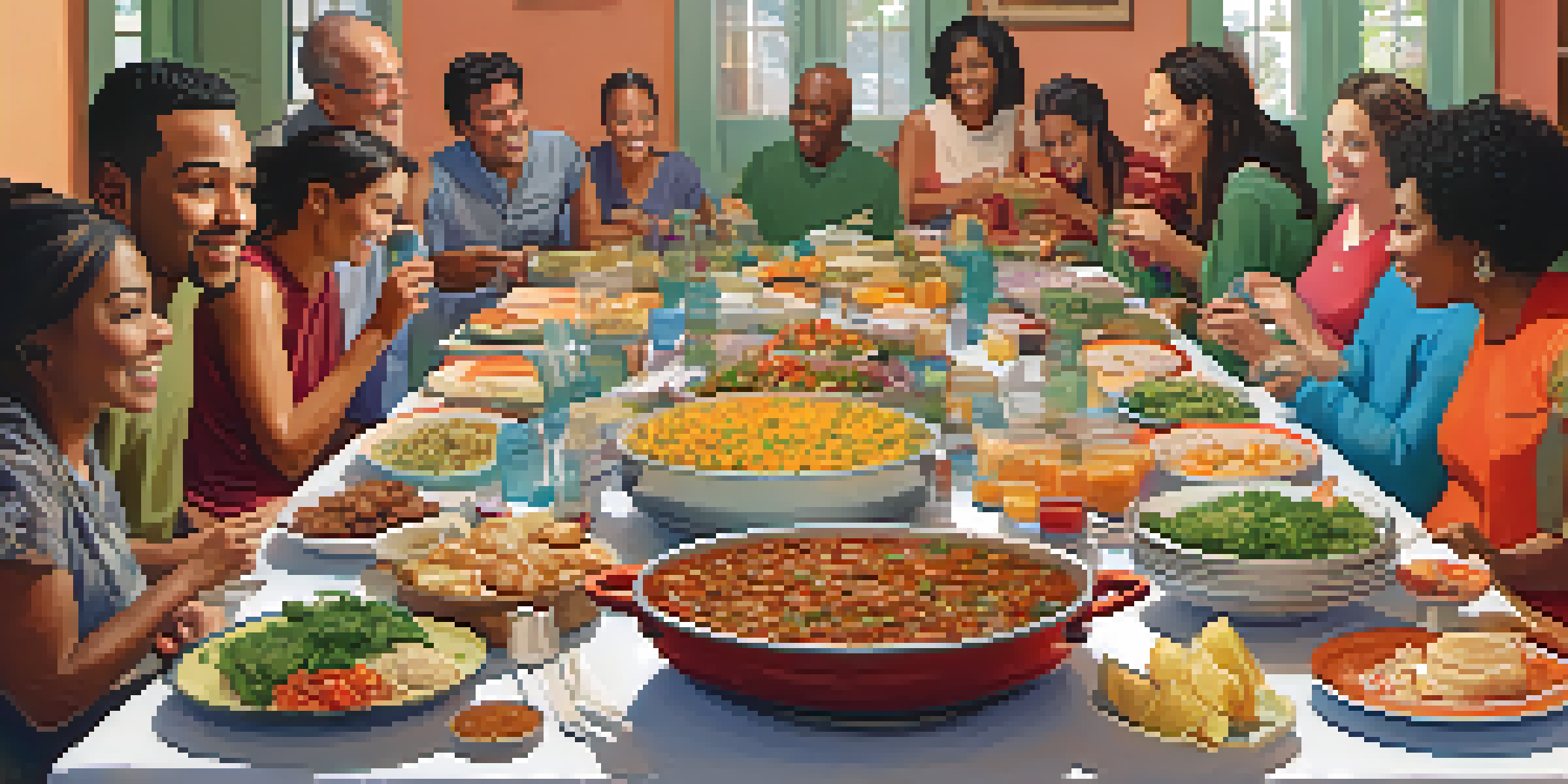 A lively potluck dinner with a diverse group of people sharing food and conversation around a long table.