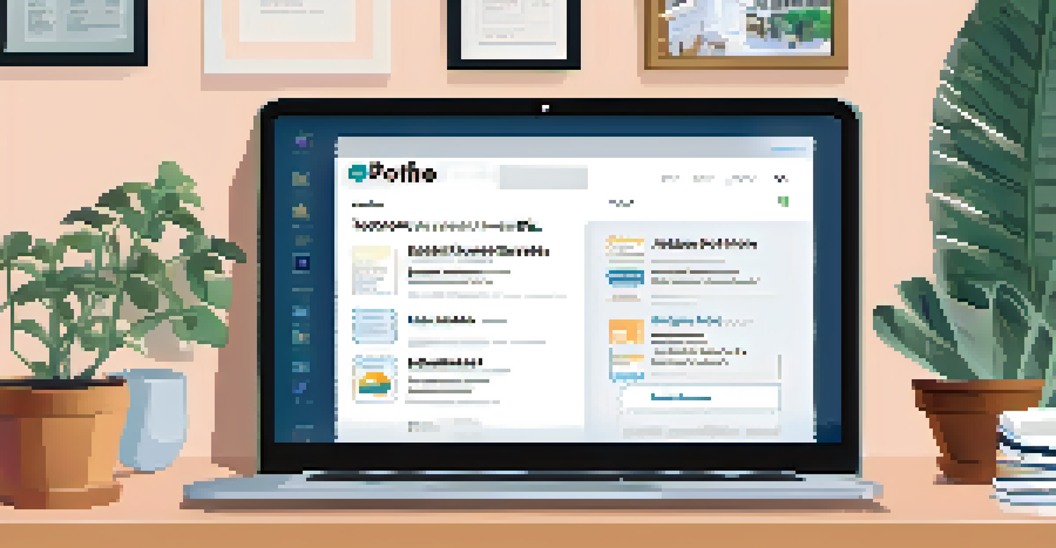 A laptop displaying online job portals with job listings, set in a cozy home office atmosphere.