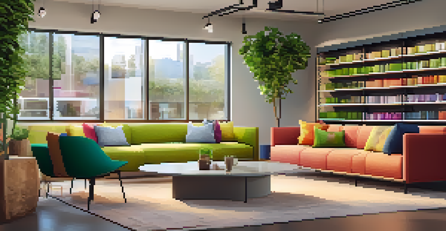 A cozy office lounge with employees discussing creative projects around a coffee table filled with design materials.