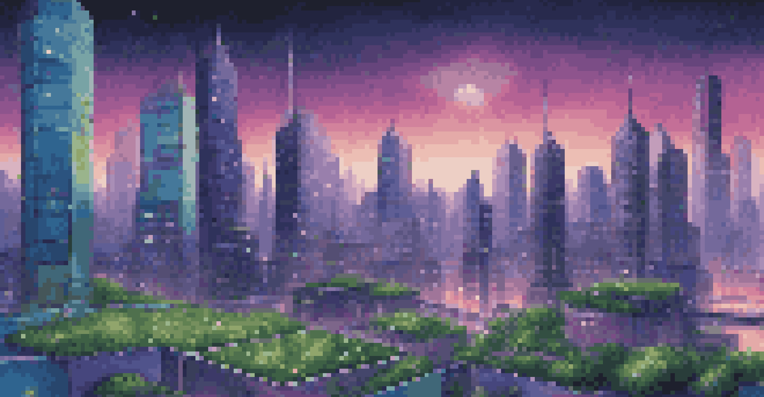 A futuristic city skyline at dusk with green technology and illuminated skyscrapers.