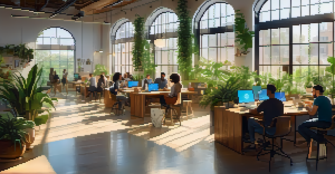 A vibrant co-working space with diverse individuals working and collaborating, surrounded by greenery and sunlight.