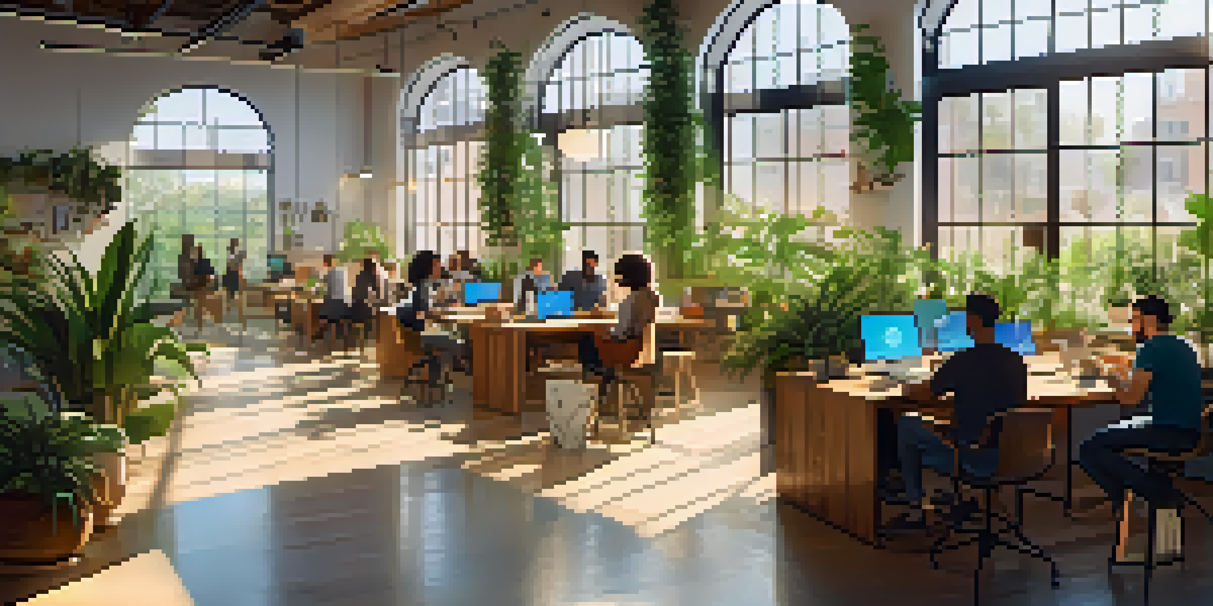 A vibrant co-working space with diverse individuals working and collaborating, surrounded by greenery and sunlight.