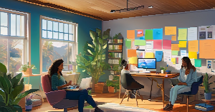 A diverse remote team collaborating over a video call in a cozy home office with plants and sticky notes.