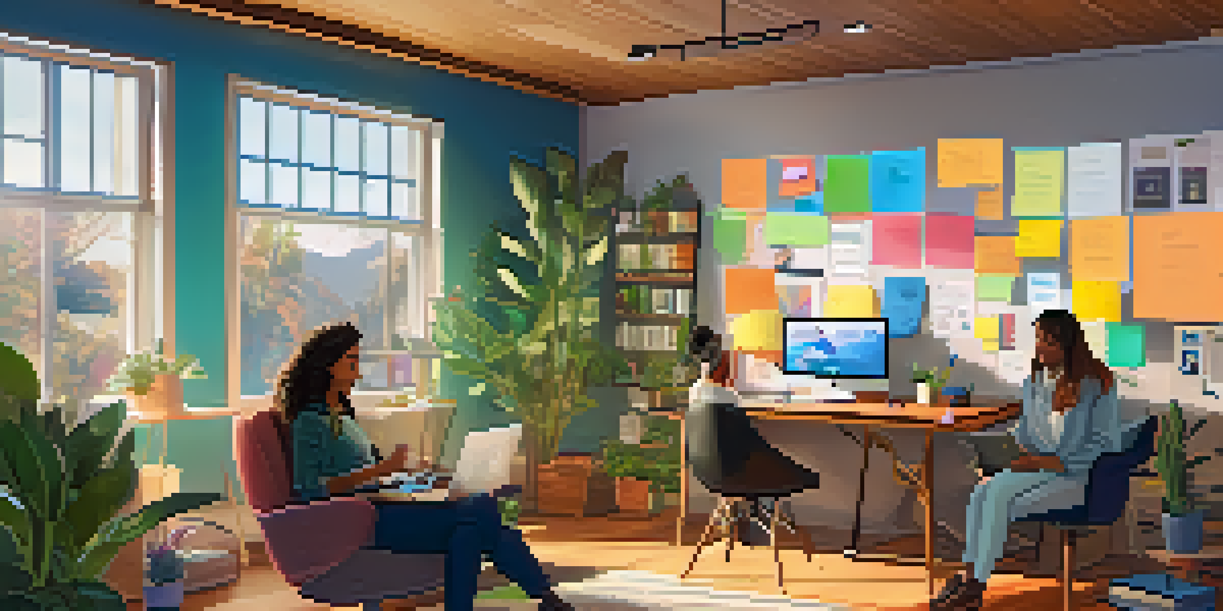 A diverse remote team collaborating over a video call in a cozy home office with plants and sticky notes.