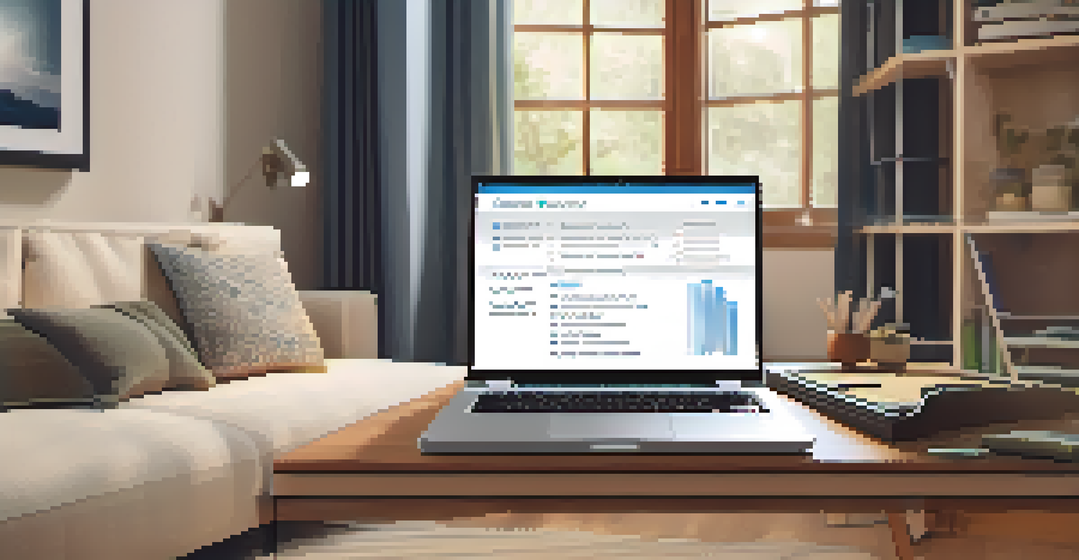 A laptop showing a career assessment tool interface, positioned next to a notepad and pen in a cozy living room.