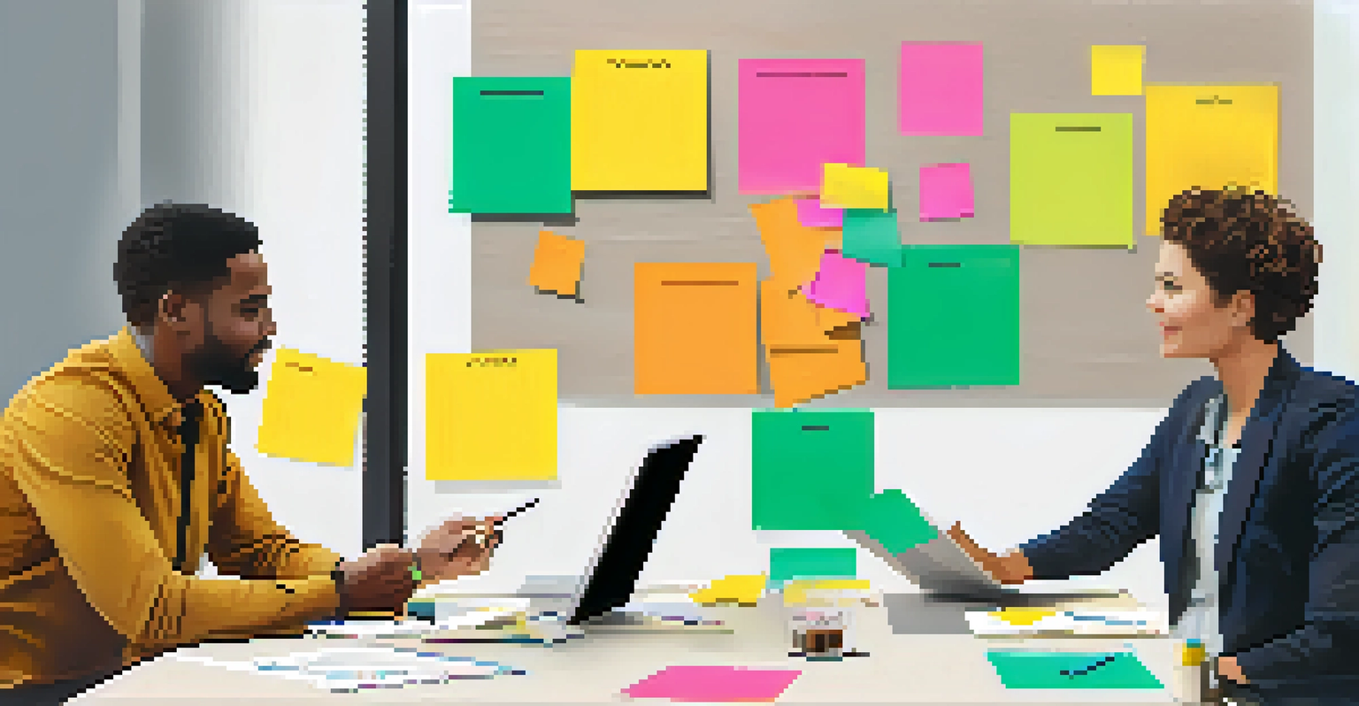 A manager giving constructive feedback to an employee in a modern workspace, with sticky notes in the background.