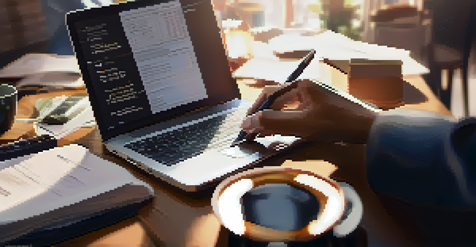 A close-up of hands typing on a laptop with accounting documents and a calculator in the background.