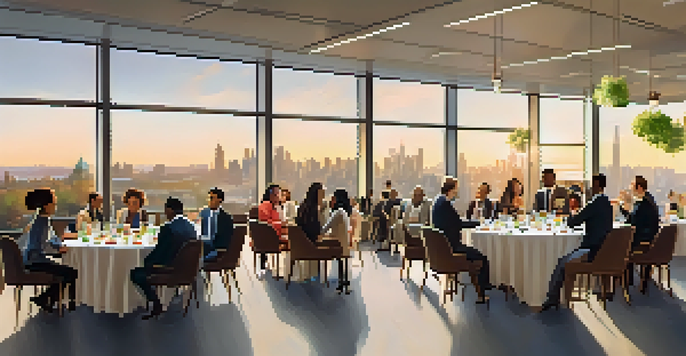A diverse group of professionals networking in a modern conference room with a city skyline view.