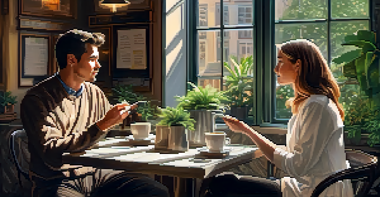 Two professionals having a coffee chat in a cozy cafe, engaged in a lively conversation with coffee cups on the table.