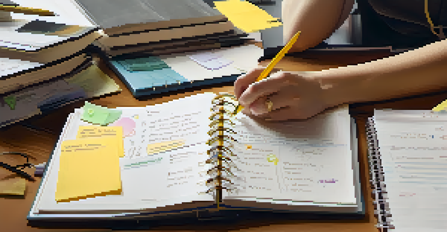A close-up of hands writing in a planner, with study materials scattered around.