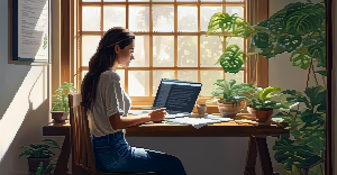 A woman sitting at a desk, reviewing job applications with plants and sunlight around her.