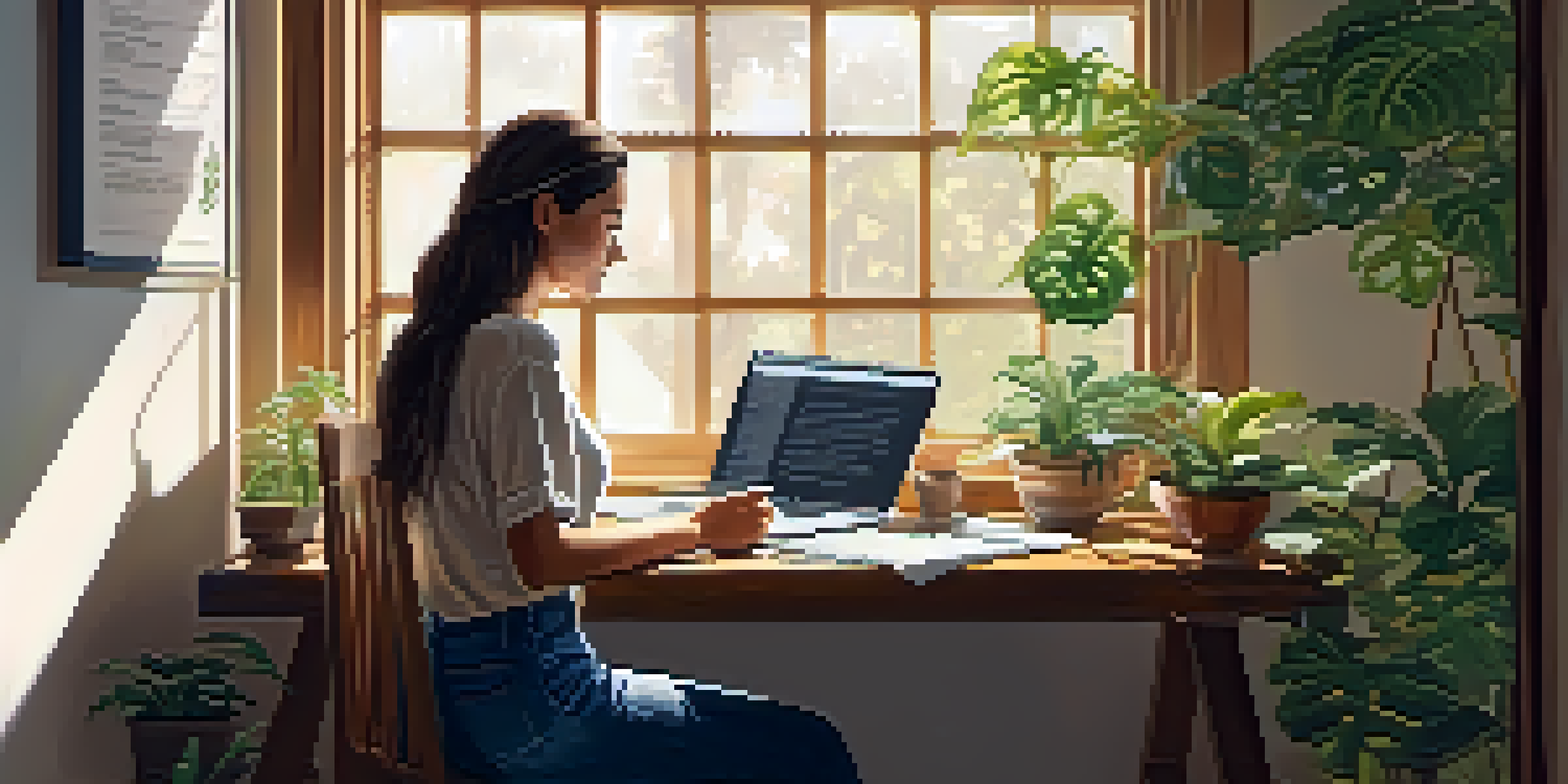 A woman sitting at a desk, reviewing job applications with plants and sunlight around her.