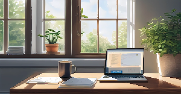 A cozy office setup with a laptop, coffee cup, and notepad, showcasing a follow-up email in soft natural light.