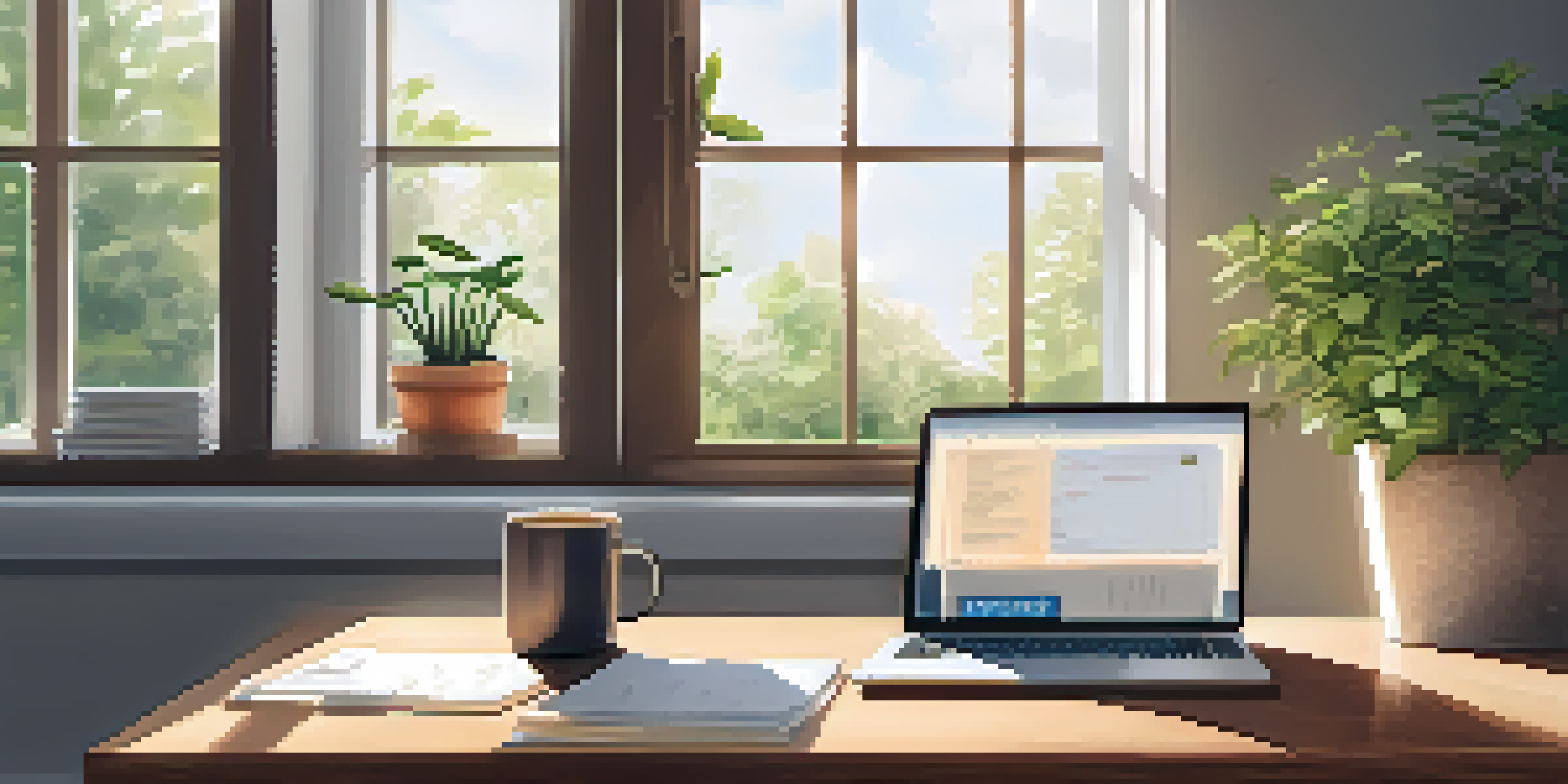 A cozy office setup with a laptop, coffee cup, and notepad, showcasing a follow-up email in soft natural light.