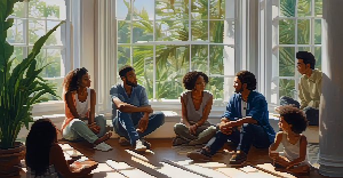 A diverse group of individuals in a circle discussing, with natural light and cultural decorations.