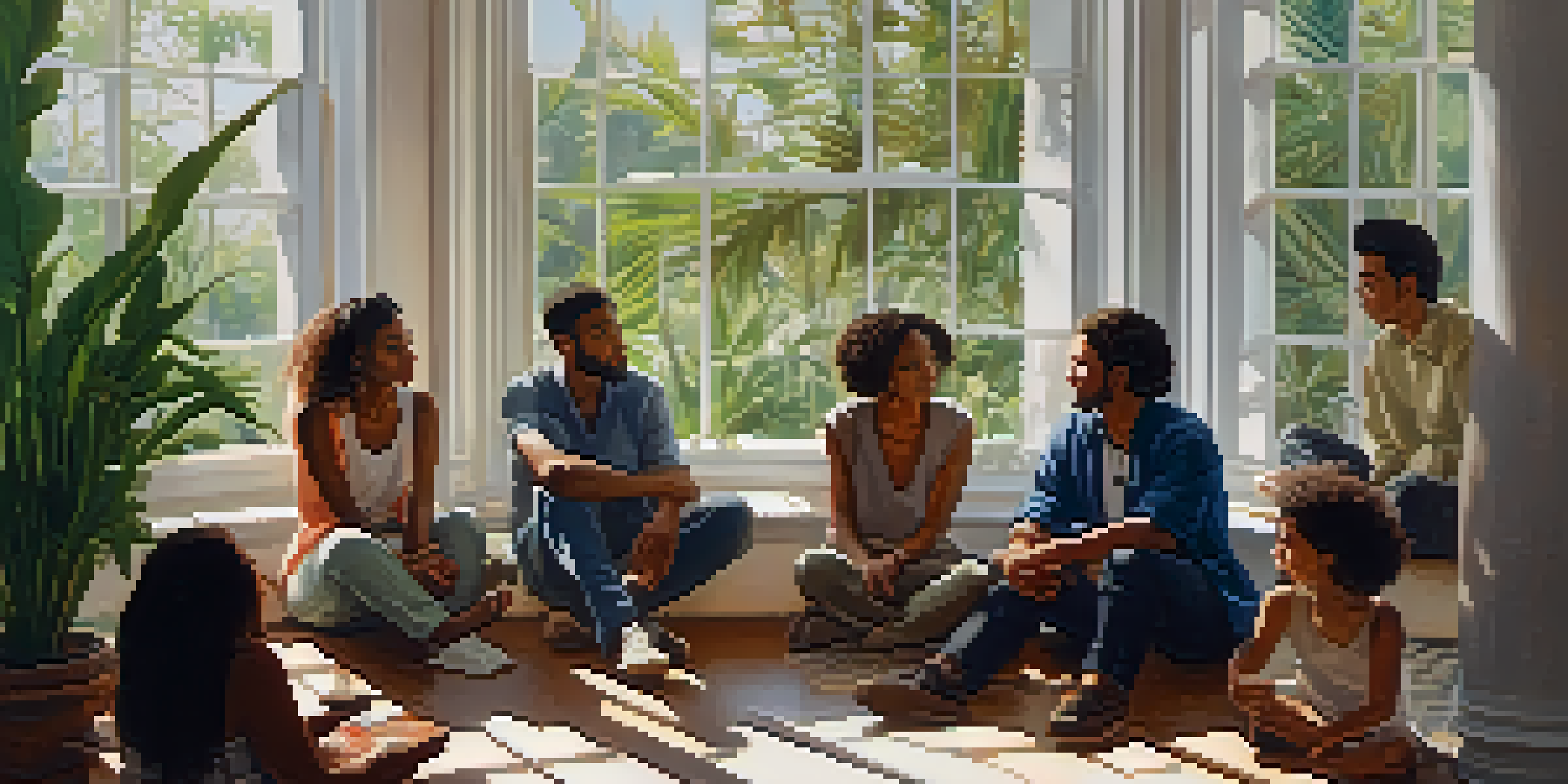 A diverse group of individuals in a circle discussing, with natural light and cultural decorations.