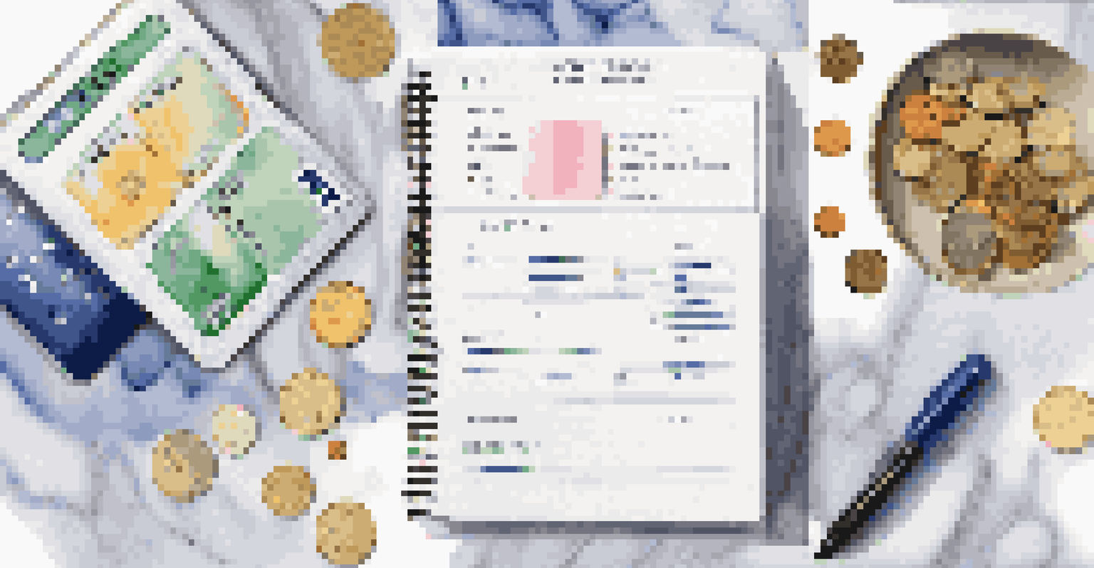 A flat lay of colorful credit cards, coins, and a budgeting planner on a marble surface, highlighting the textures and colors.